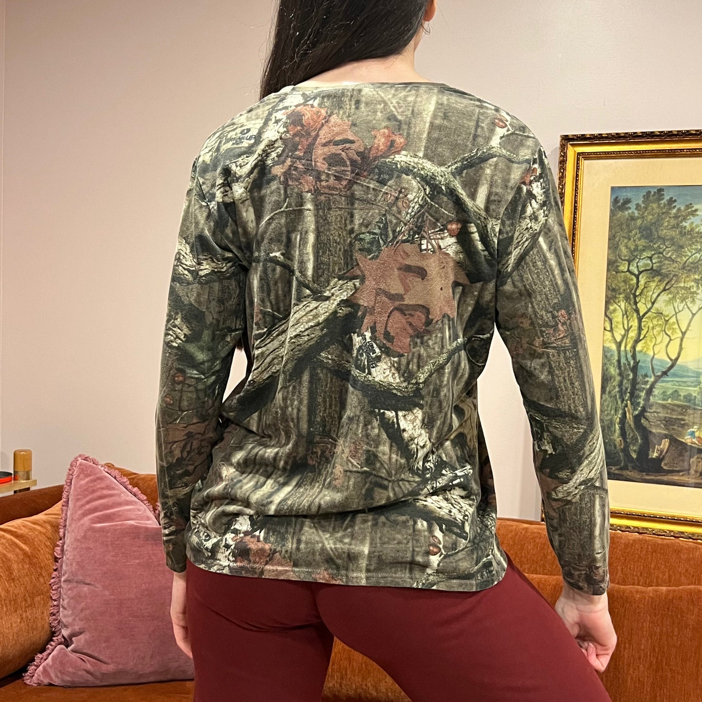 DUMP YOUR REPUBLICAN BOYFRIEND camo long sleeve t-shirt with pink text (XL)