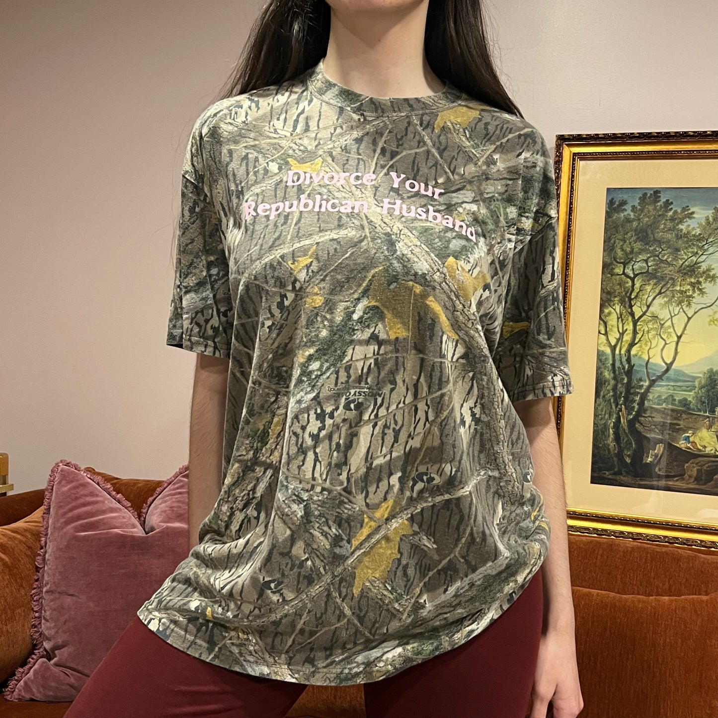 DIVORCE YOUR REPUBLICAN HUSBAND camo t-shirt with pink text (XL)