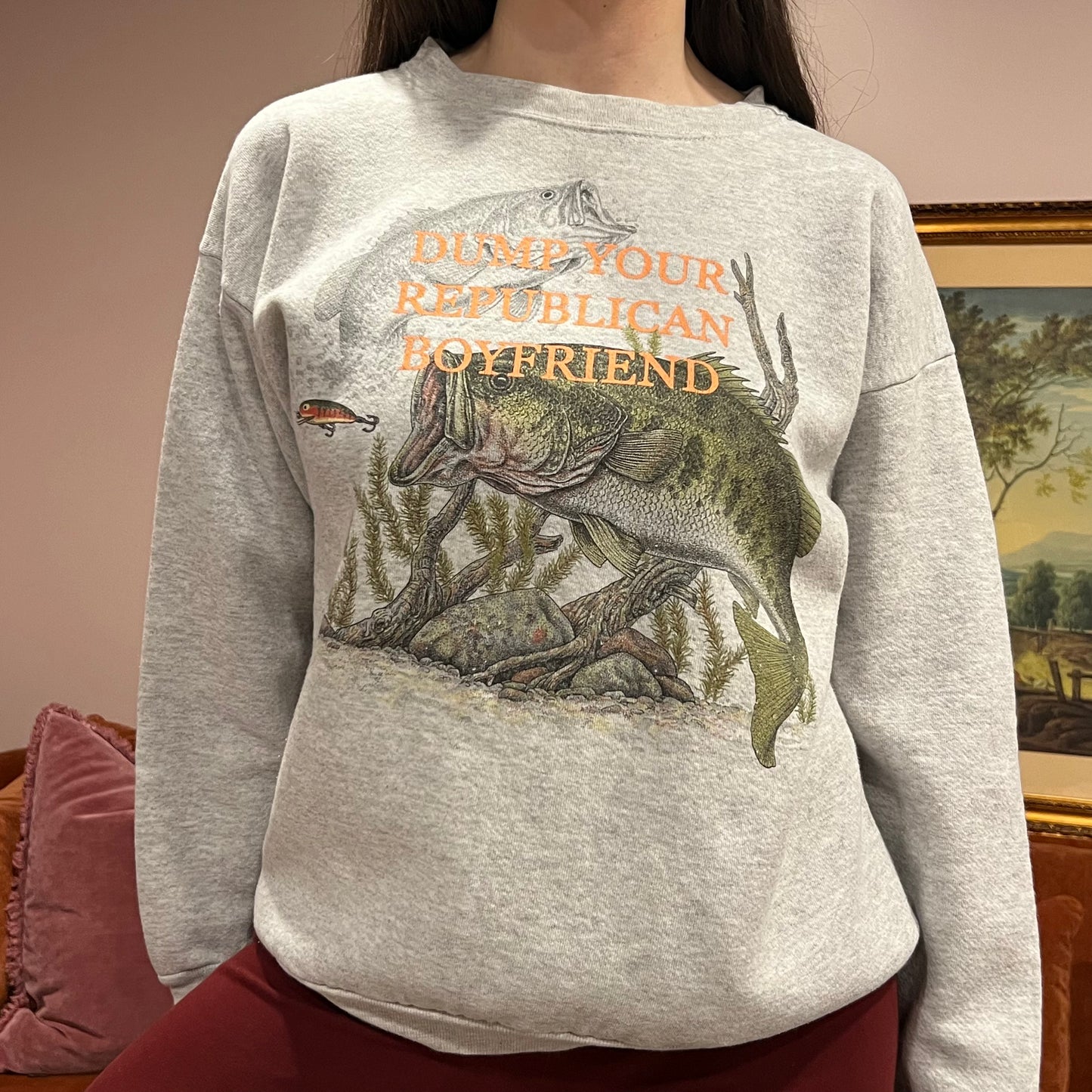 DUMP YOUR REPUBLICAN BOYFRIEND animal crewneck with orange text (L)