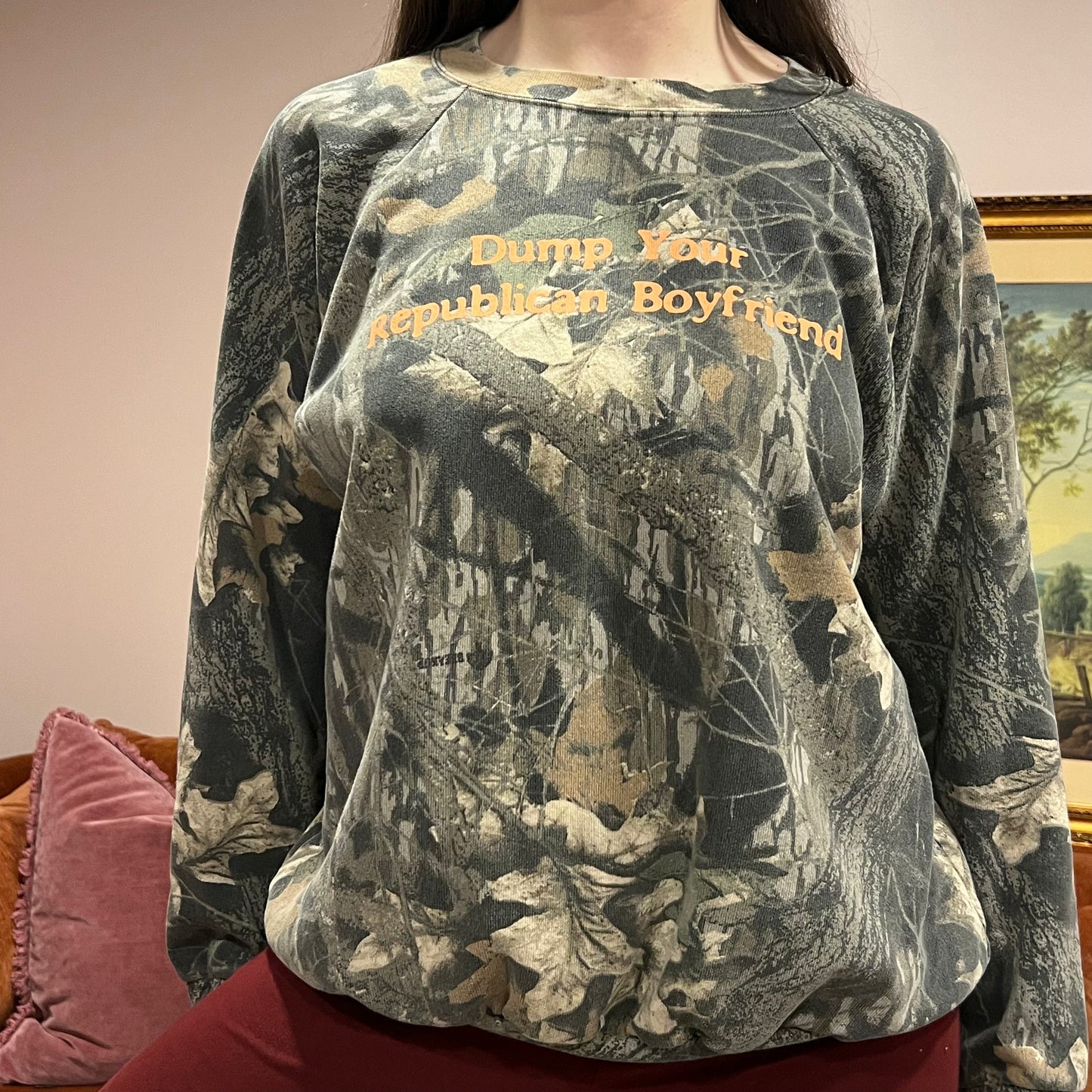 DUMP YOUR REPUBLICAN BOYFRIEND camo crewneck with orange text (L)