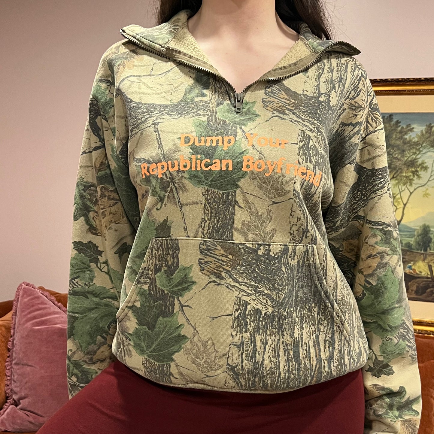 DUMP YOUR REPUBLICAN BOYFRIEND camo zip-up with orange text (M)