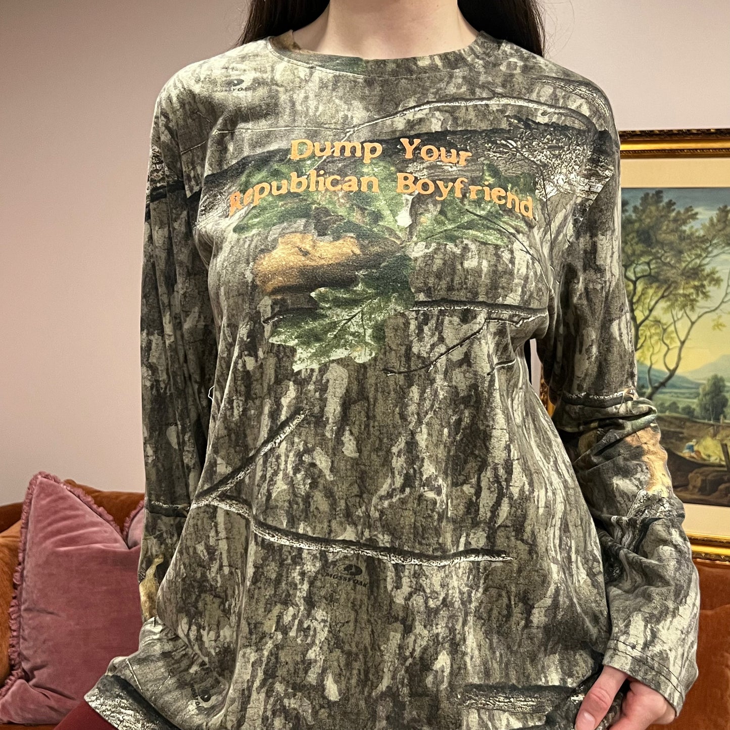 DUMP YOUR REPUBLICAN BOYFRIEND camo long sleeve t-shirt with orange text (XL)