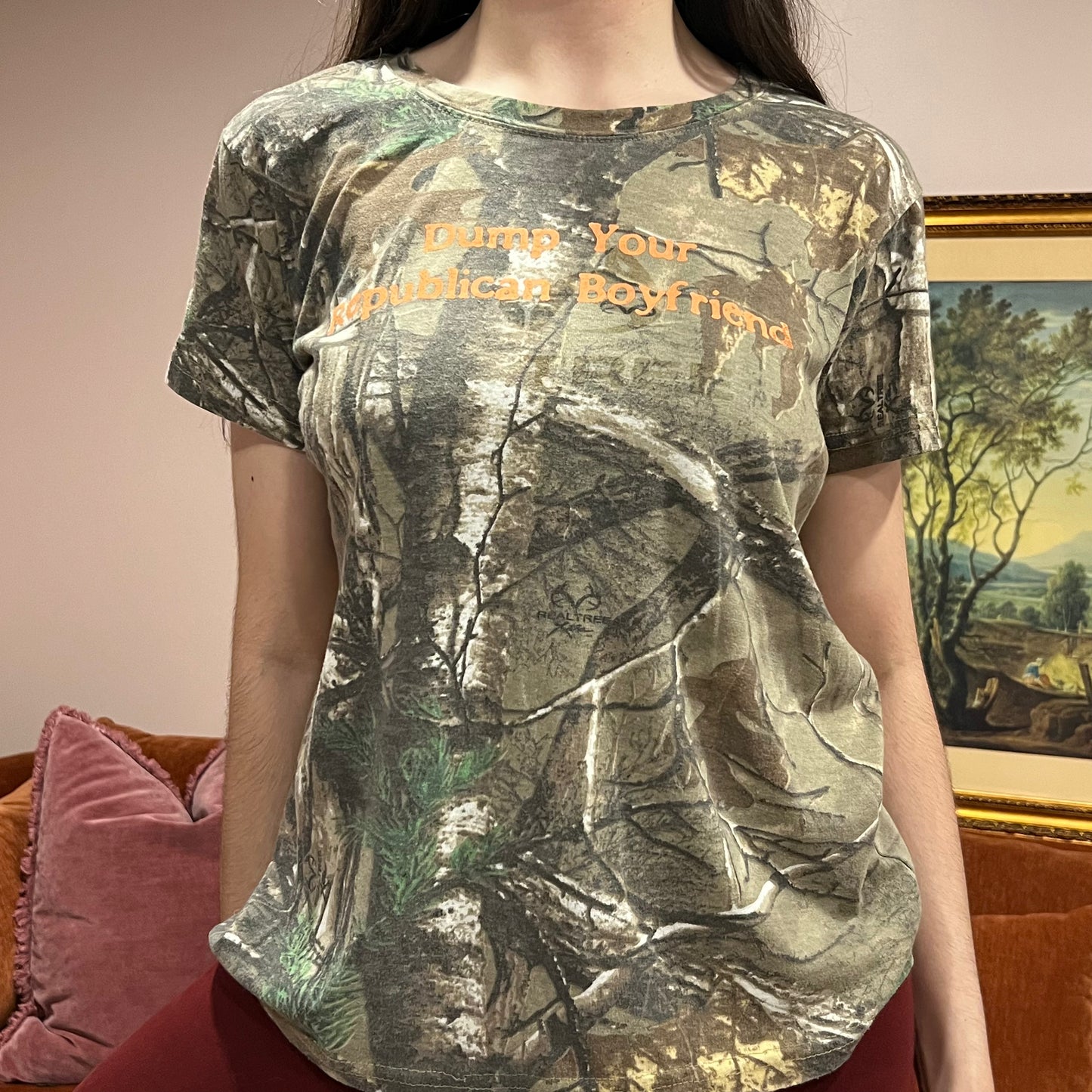 DUMP YOUR REPUBLICAN BOYFRIEND camo t-shirt with orange text (XYZ)