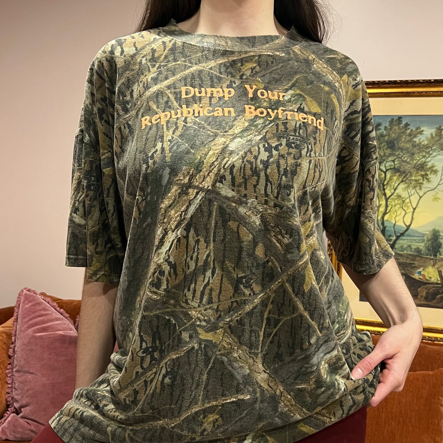 DUMP YOUR REPUBLICAN BOYFRIEND camo t-shirt with orange text (XYZ)