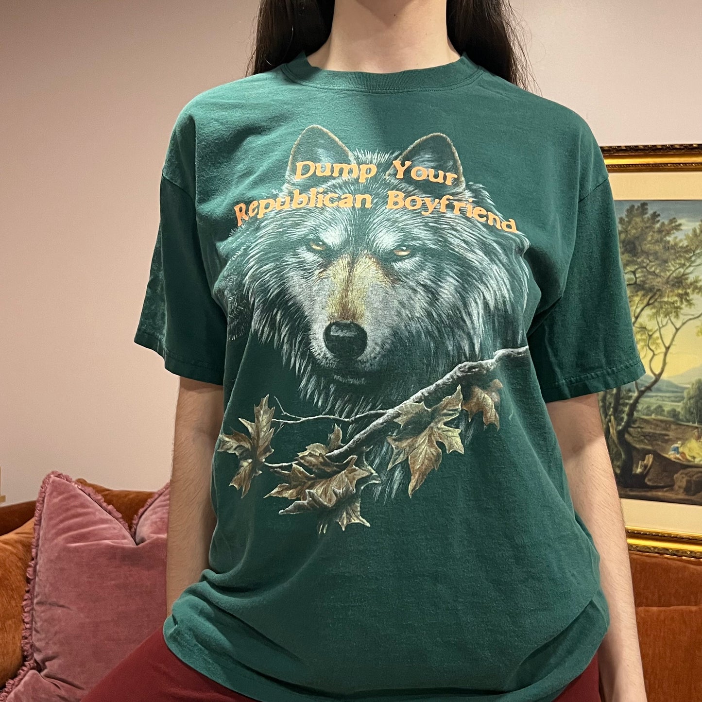 DUMP YOUR REPUBLICAN BOYFRIEND animal t-shirt with orange text (L)