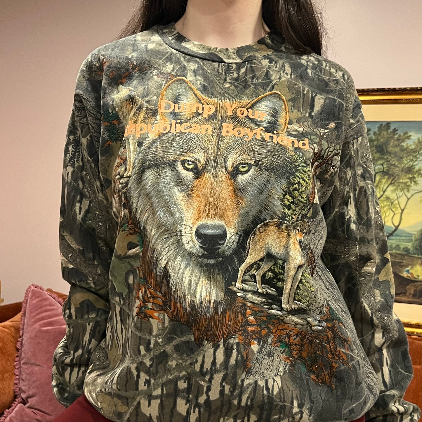 DUMP YOUR REPUBLICAN BOYFRIEND animal crewneck with orange text (M)
