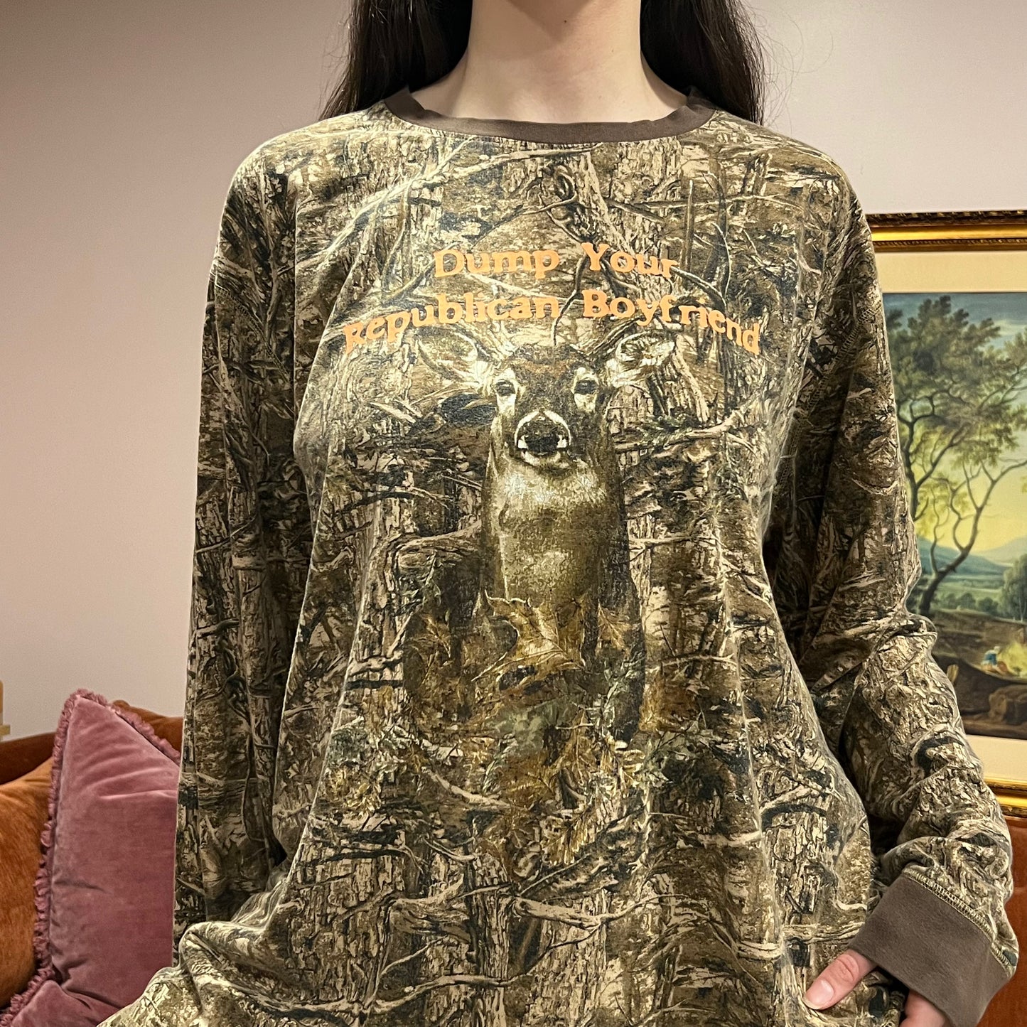 DUMP YOUR REPUBLICAN BOYFRIEND animal long sleeve t-shirt with orange text (XL)