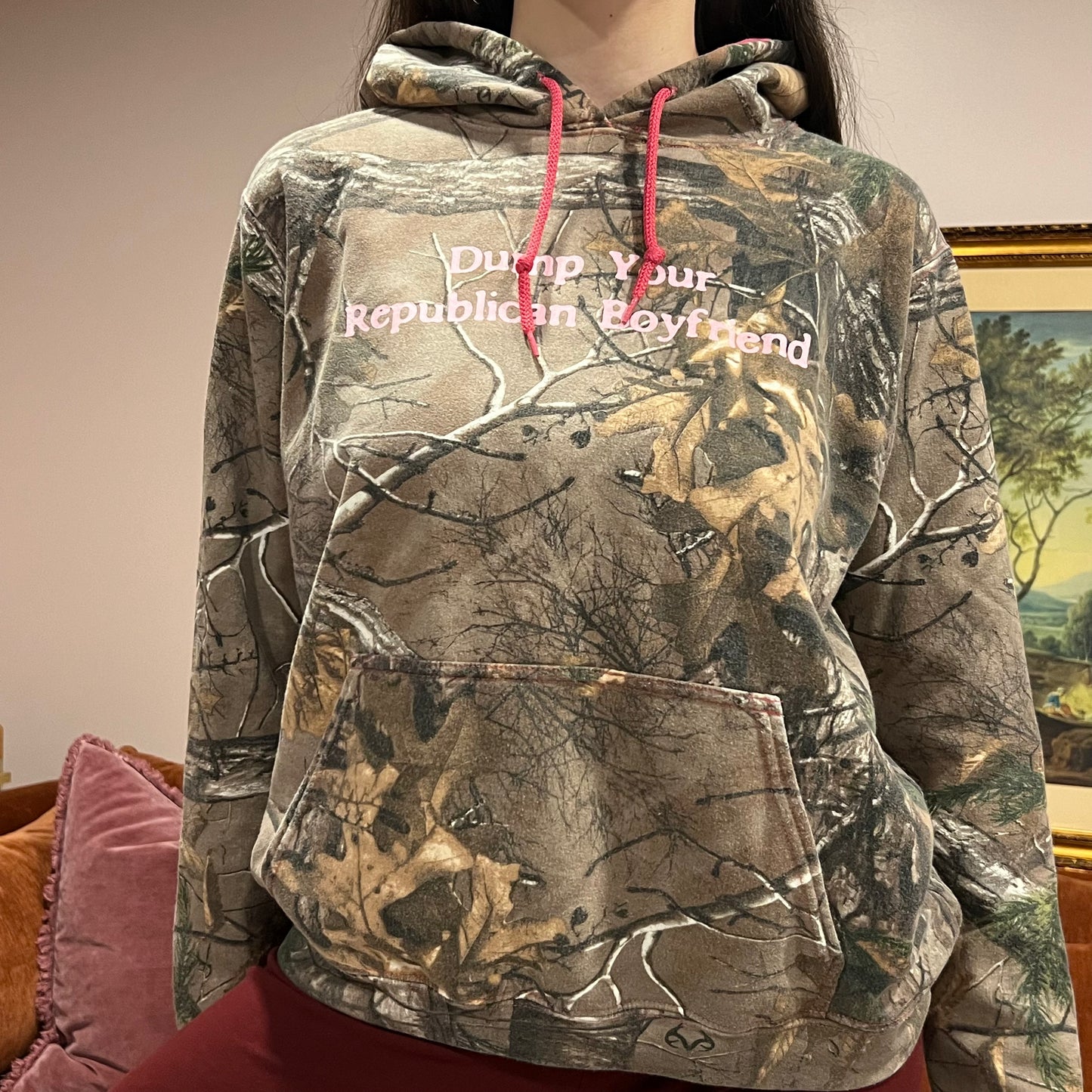 DUMP YOUR REPUBLICAN BOYFRIEND camo hoodie with pink text (M/L)