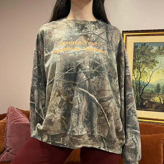DIVORCE YOUR REPUBLICAN HUSBAND camo crewneck with orange text (3XL)