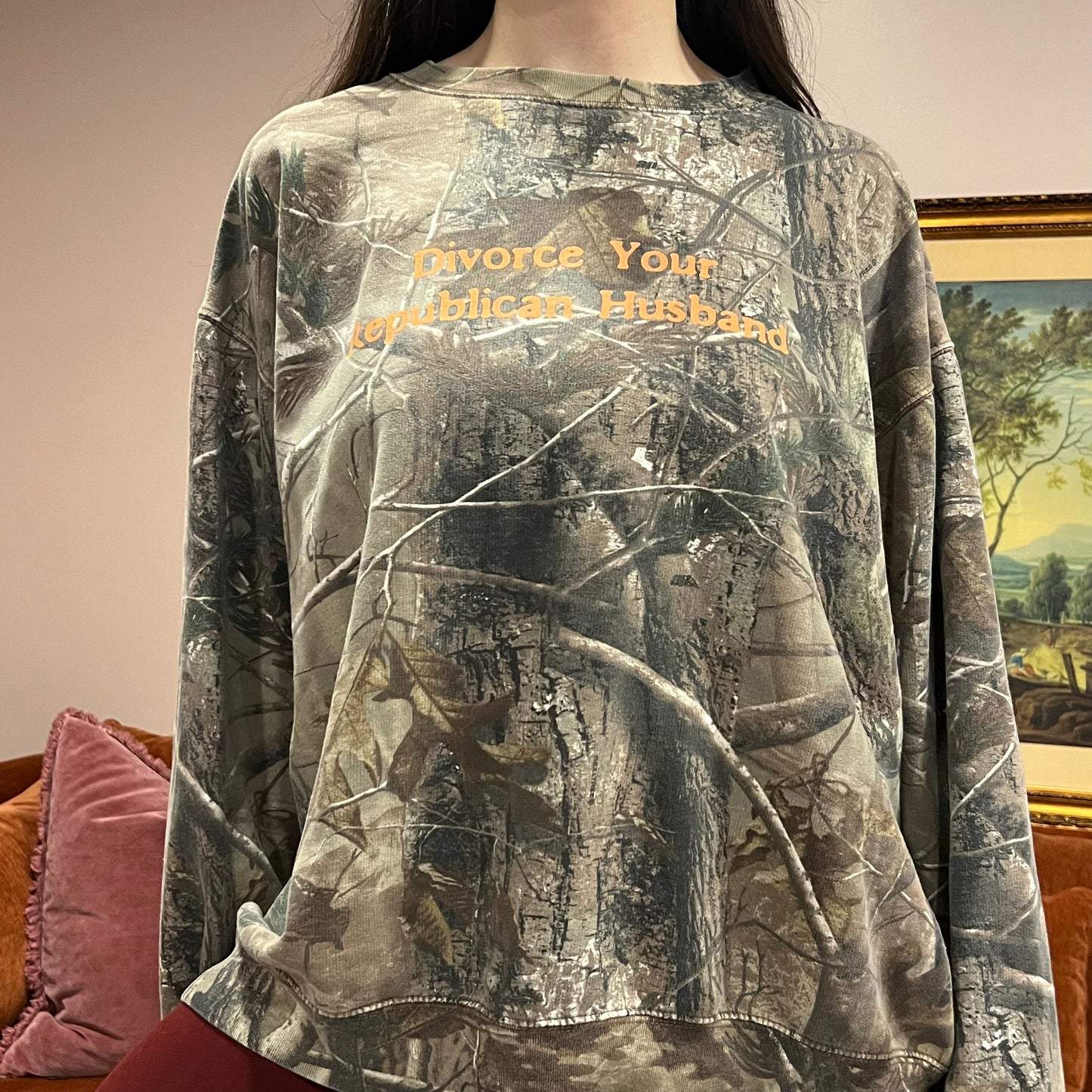 DIVORCE YOUR REPUBLICAN HUSBAND camo crewneck with orange text (3XL)