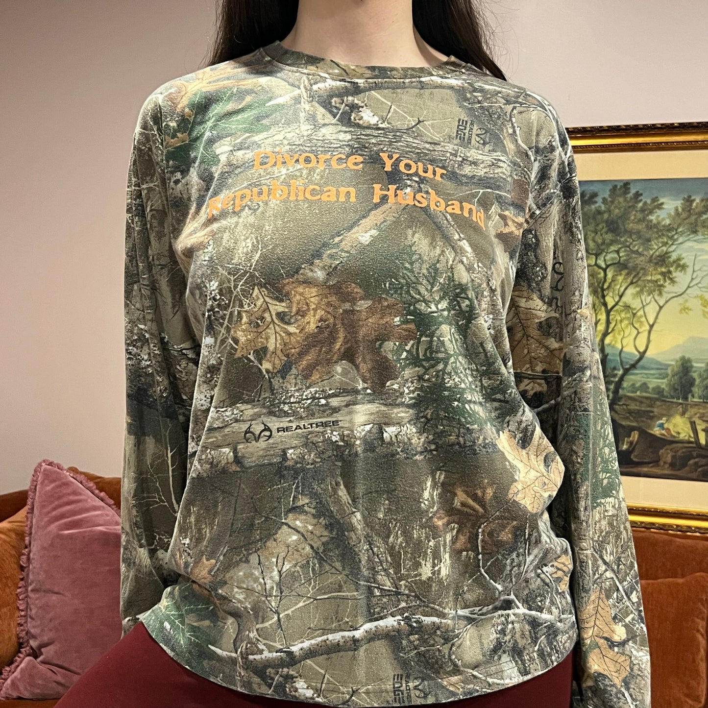 DIVORCE YOUR REPUBLICAN HUSBAND camo long sleeve t-shirt with orange text (L)