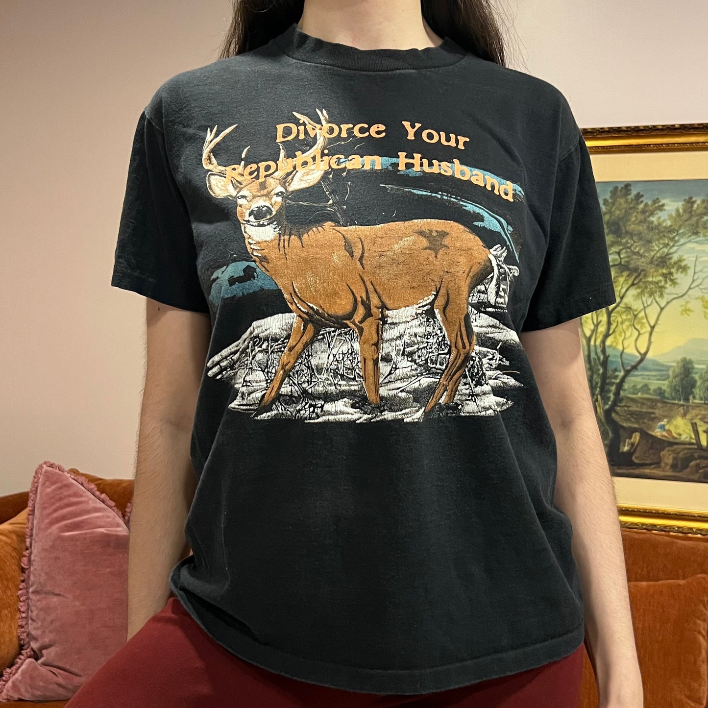 DIVORCE YOUR REPUBLICAN HUSBAND animal t-shirt with orange text (M/L)