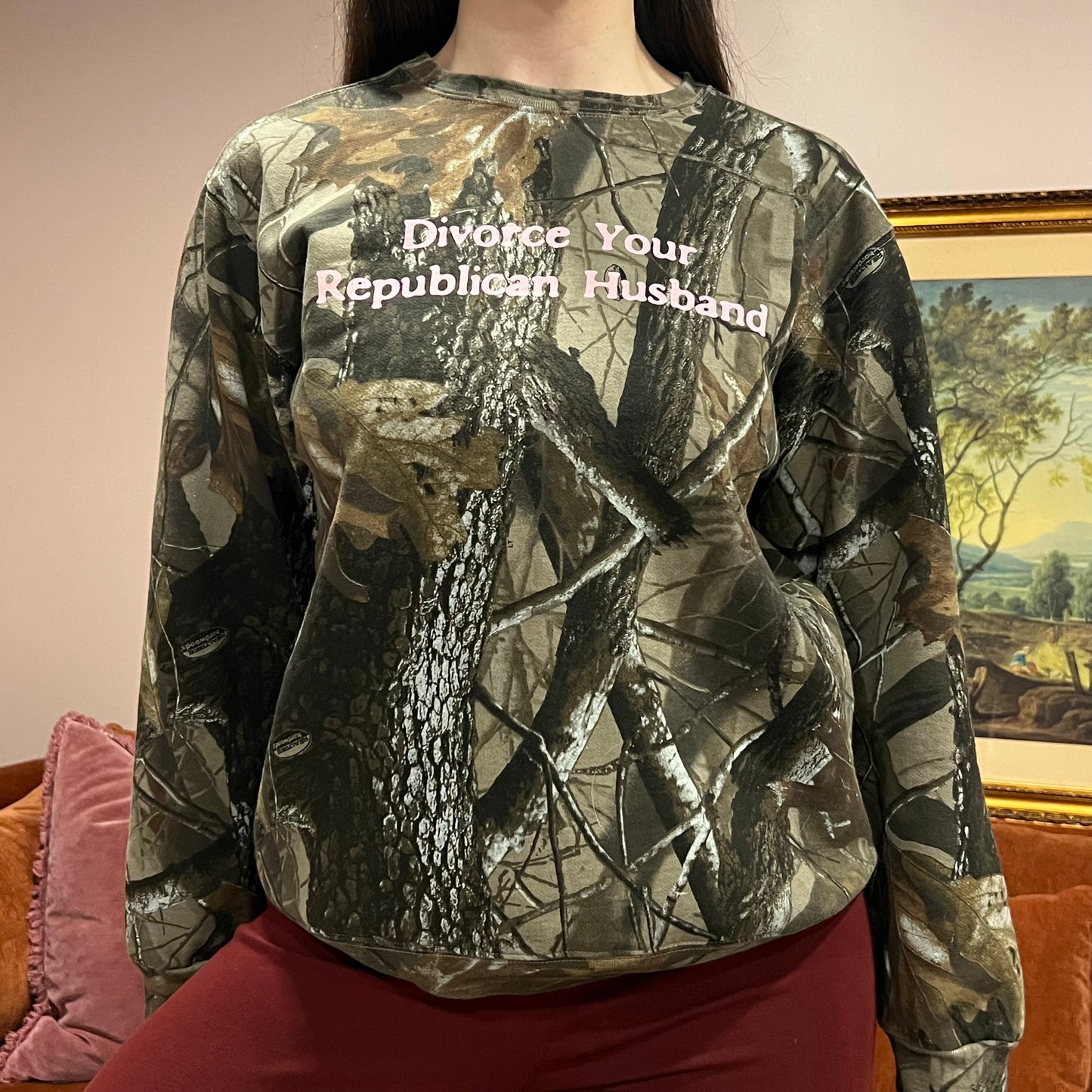 DIVORCE YOUR REPUBLICAN HUSBAND camo crewneck with pink text (S/M)