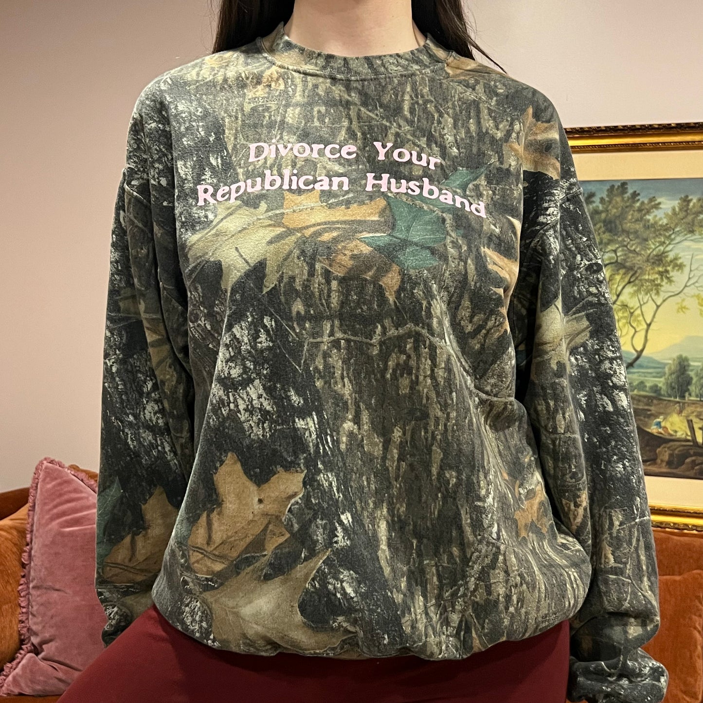 DIVORCE YOUR REPUBLICAN HUSBAND camo crewneck with pink text (L)