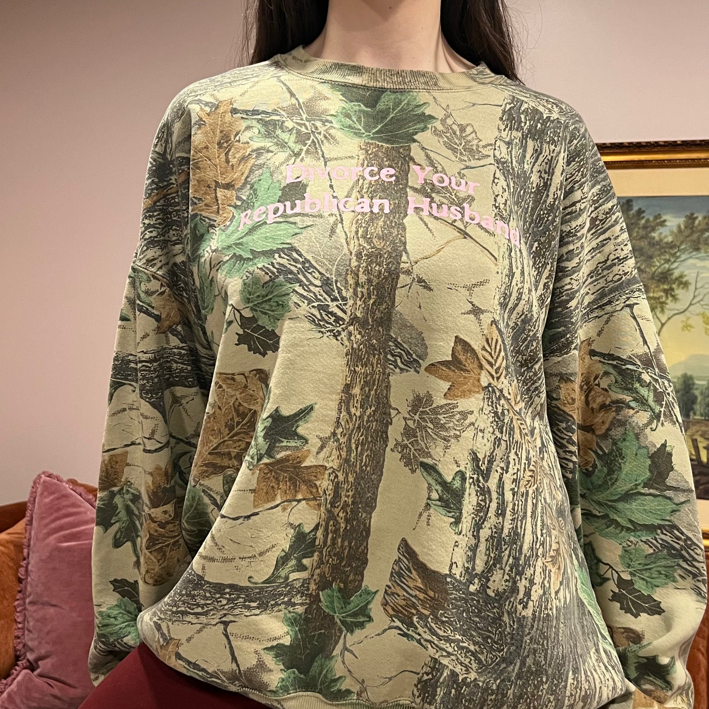 DIVORCE YOUR REPUBLICAN HUSBAND camo crewneck with pink text (3XL)
