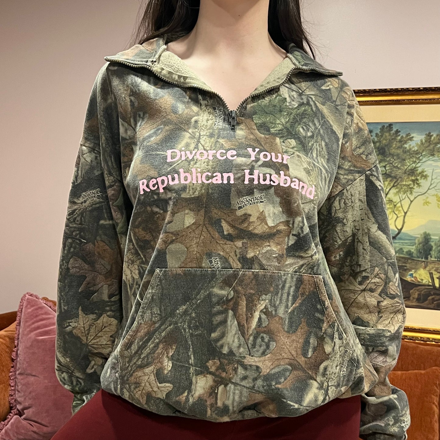 DIVORCE YOUR REPUBLICAN HUSBAND camo zip-up with pink text (XL)