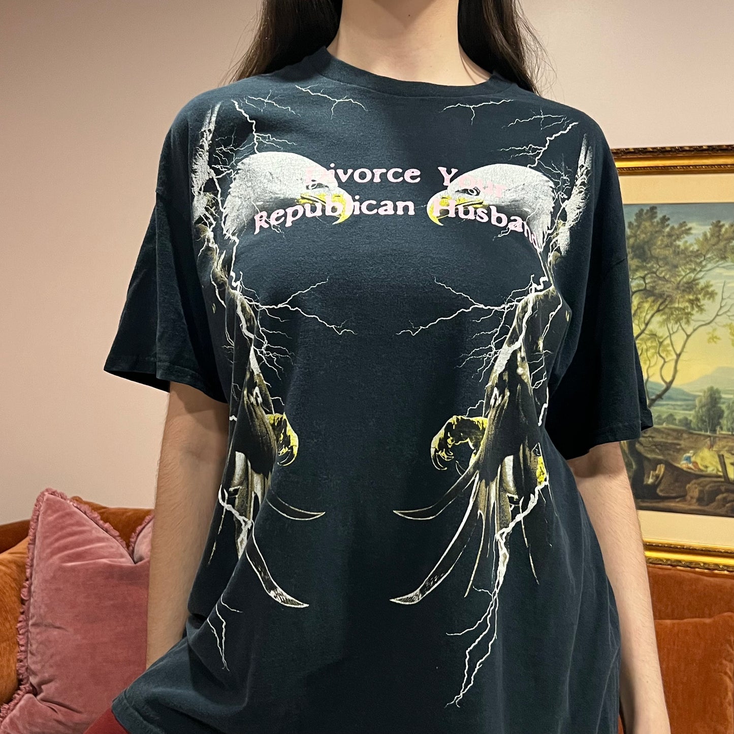 DIVORCE YOUR REPUBLICAN HUSBAND animal t-shirt with pink text (XL)