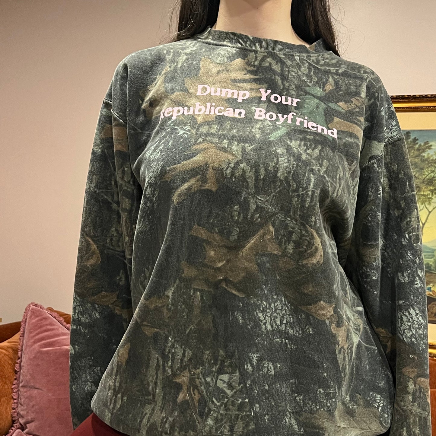 DUMP YOUR REPUBLICAN BOYFRIEND camo crewneck with pink text (L)