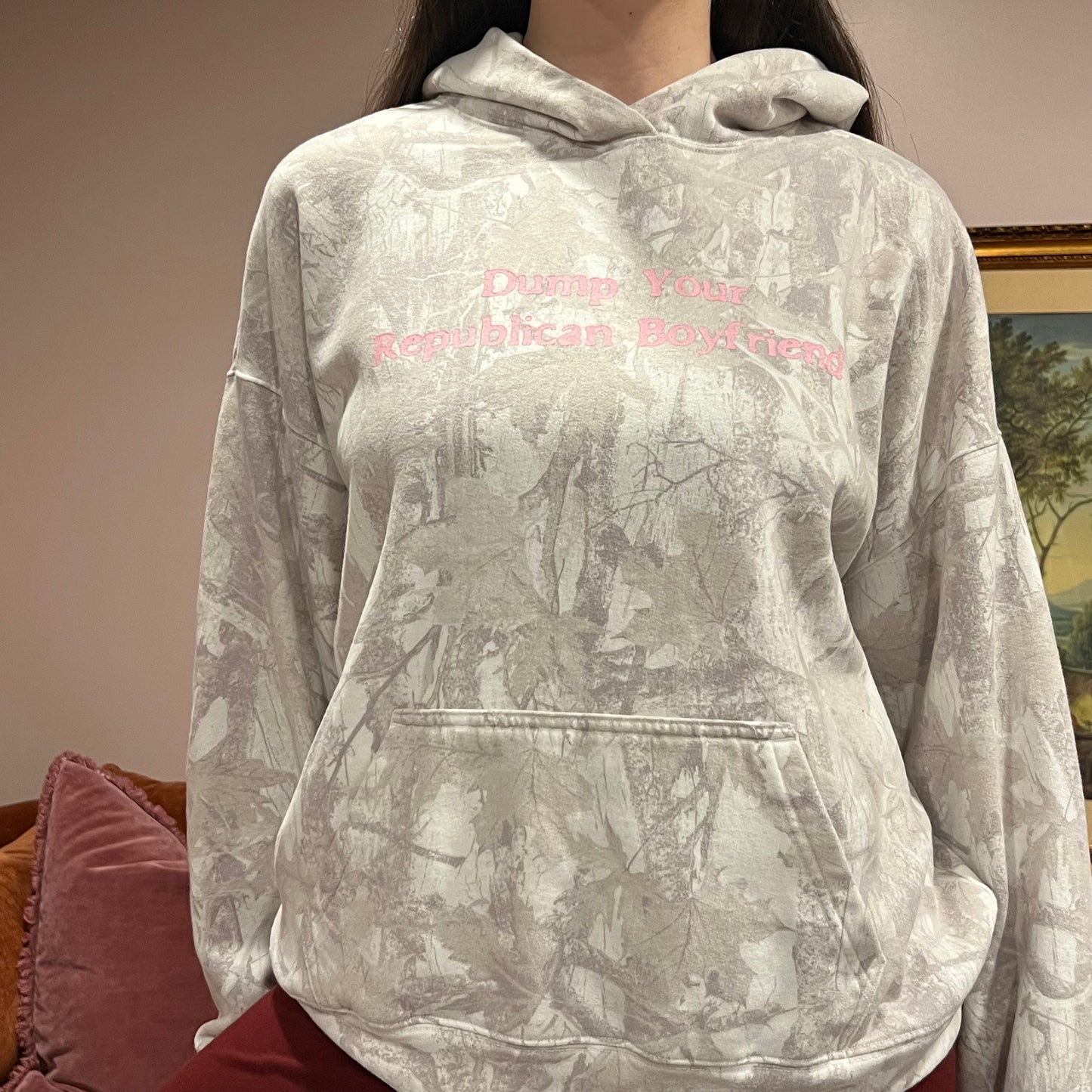 DUMP YOUR REPUBLICAN BOYFRIEND white camo hoodie with pink text (M)