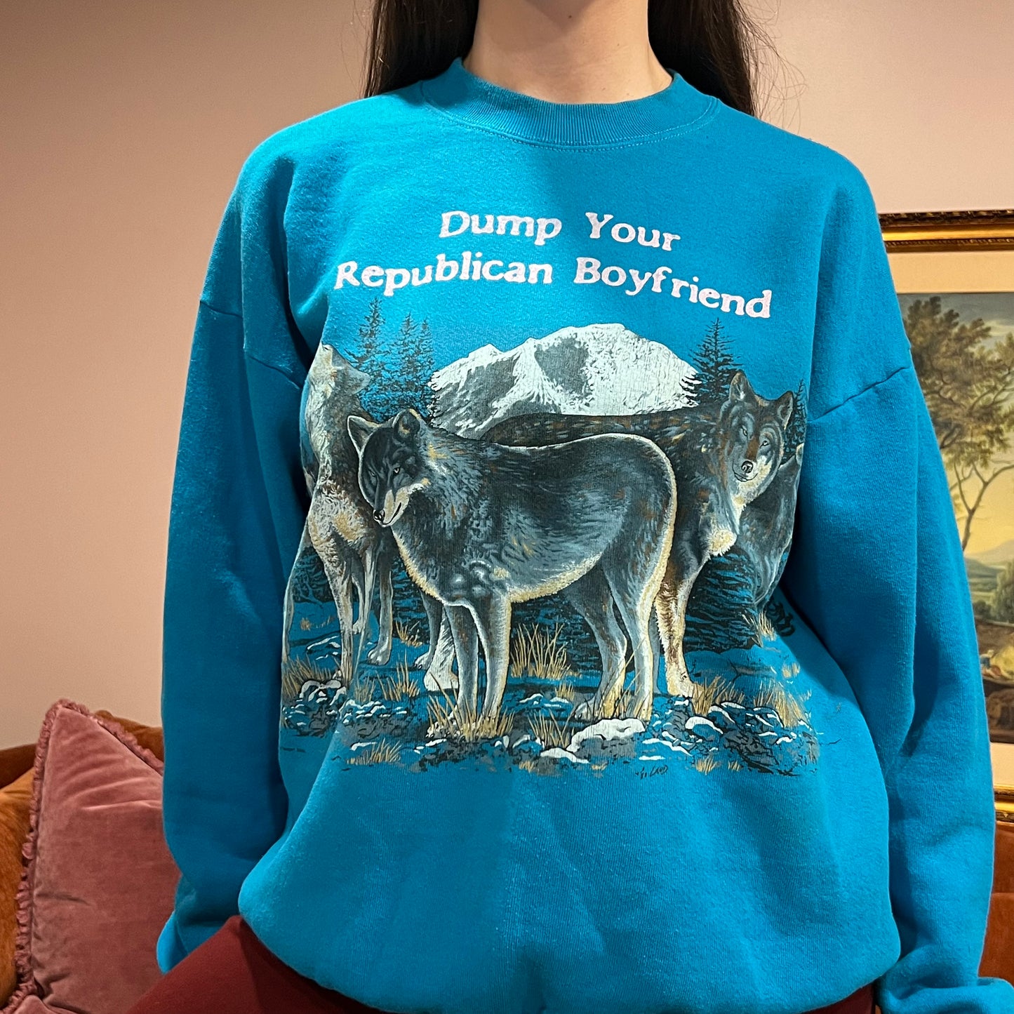 DUMP YOUR REPUBLICAN BOYFRIEND animal crewneck with pink text (XL)