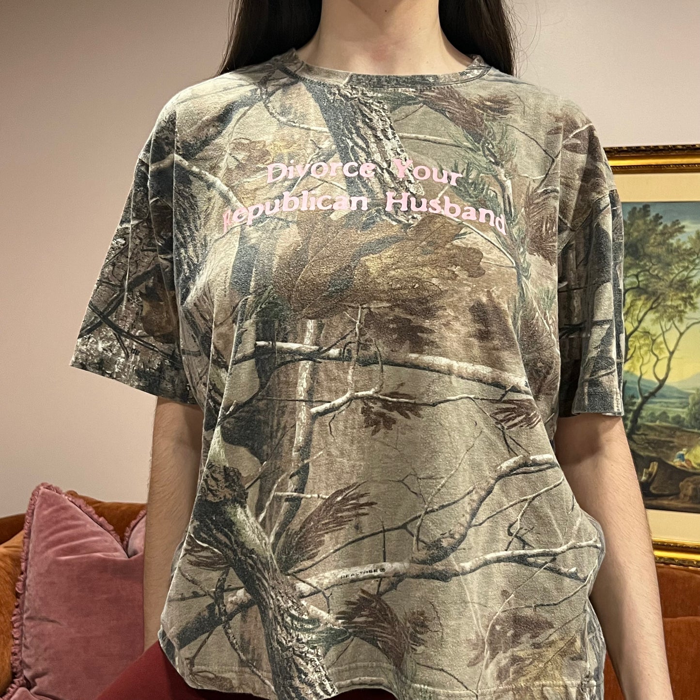 DIVORCE YOUR REPUBLICAN HUSBAND camo t-shirt with pink text (L)