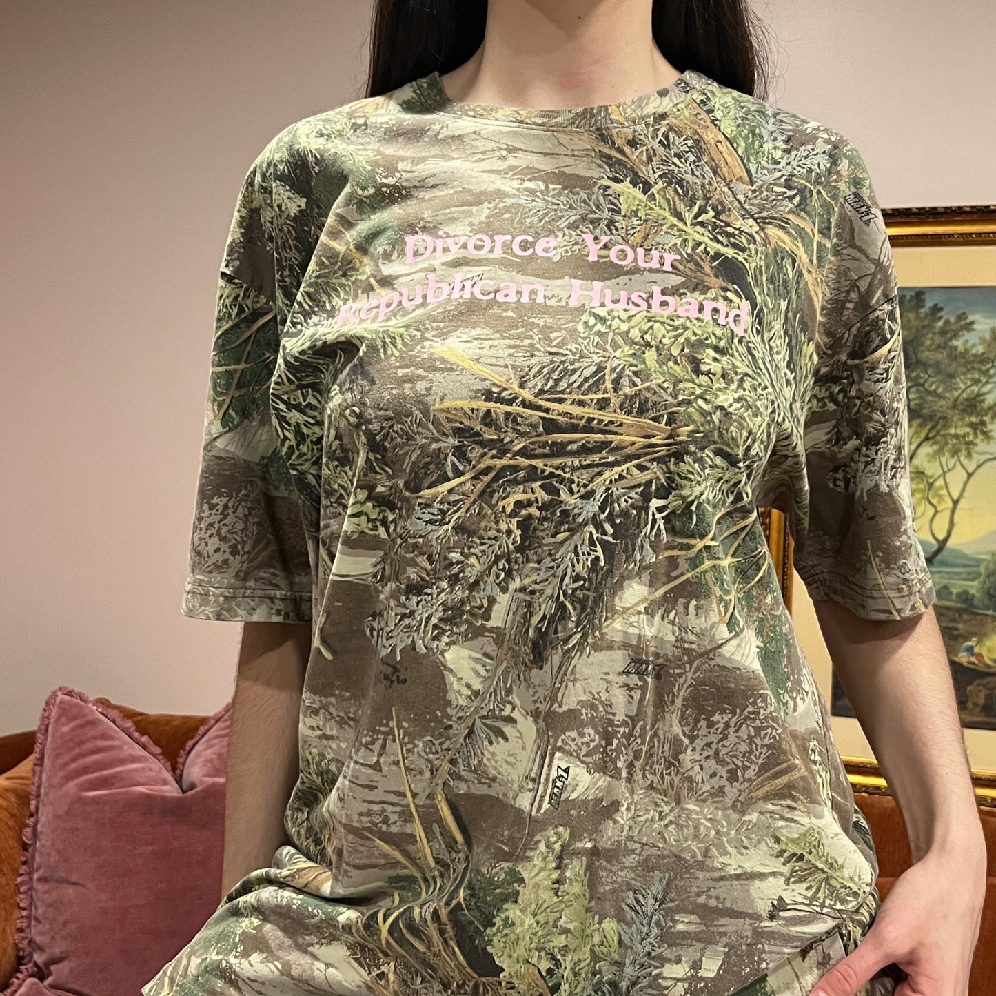 DIVORCE YOUR REPUBLICAN HUSBAND camo t-shirt with pink text (XL)