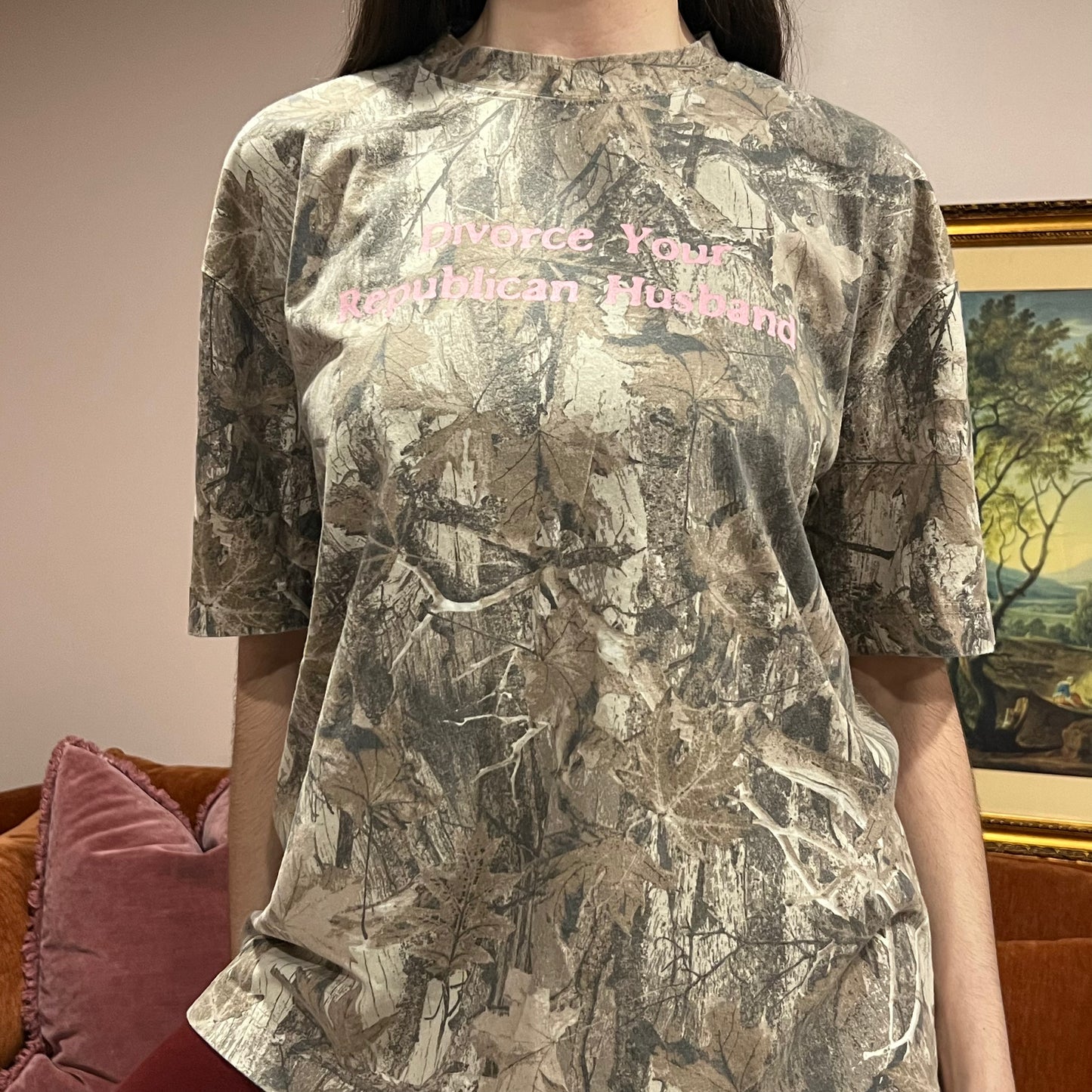 DIVORCE YOUR REPUBLICAN HUSBAND camo t-shirt with pink text (L)