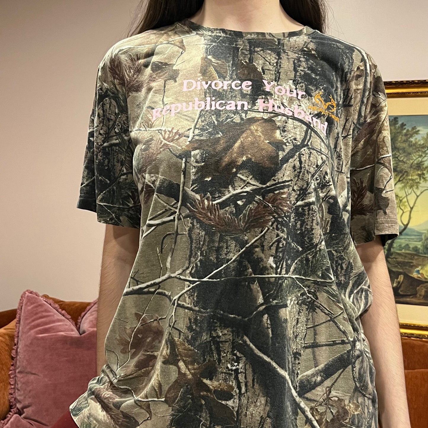 DIVORCE YOUR REPUBLICAN HUSBAND camo t-shirt with pink text (XL)