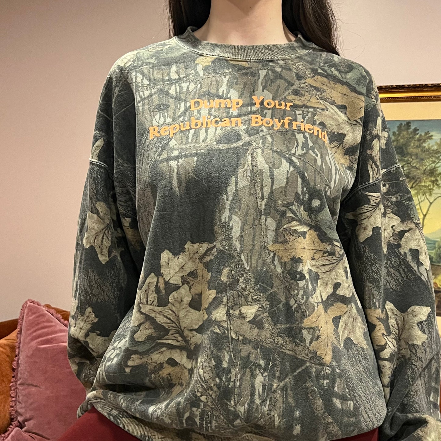 DUMP YOUR REPUBLICAN BOYFRIEND camo crewneck with orange text (2XL)