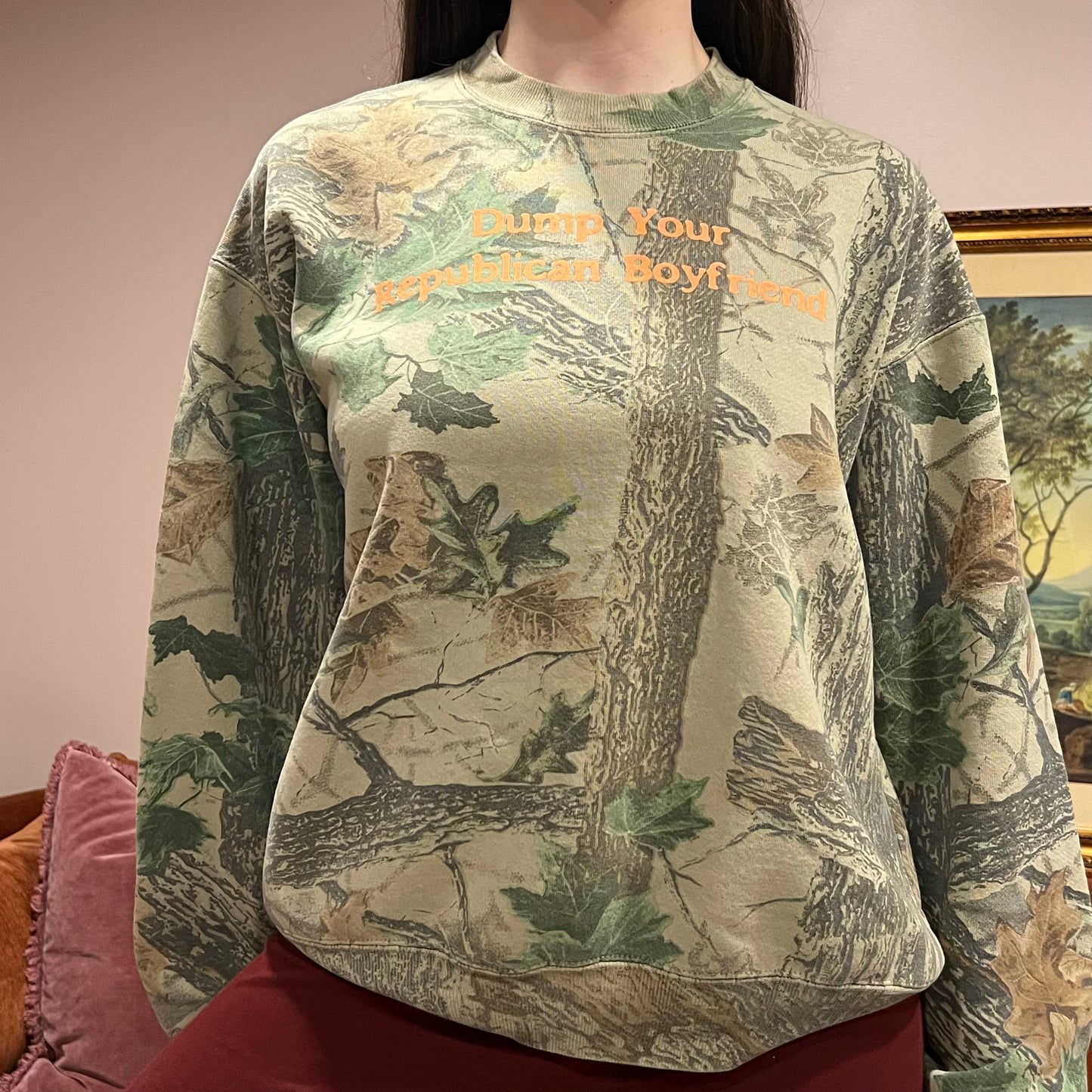 DUMP YOUR REPUBLICAN BOYFRIEND camo crewneck with orange text (L)