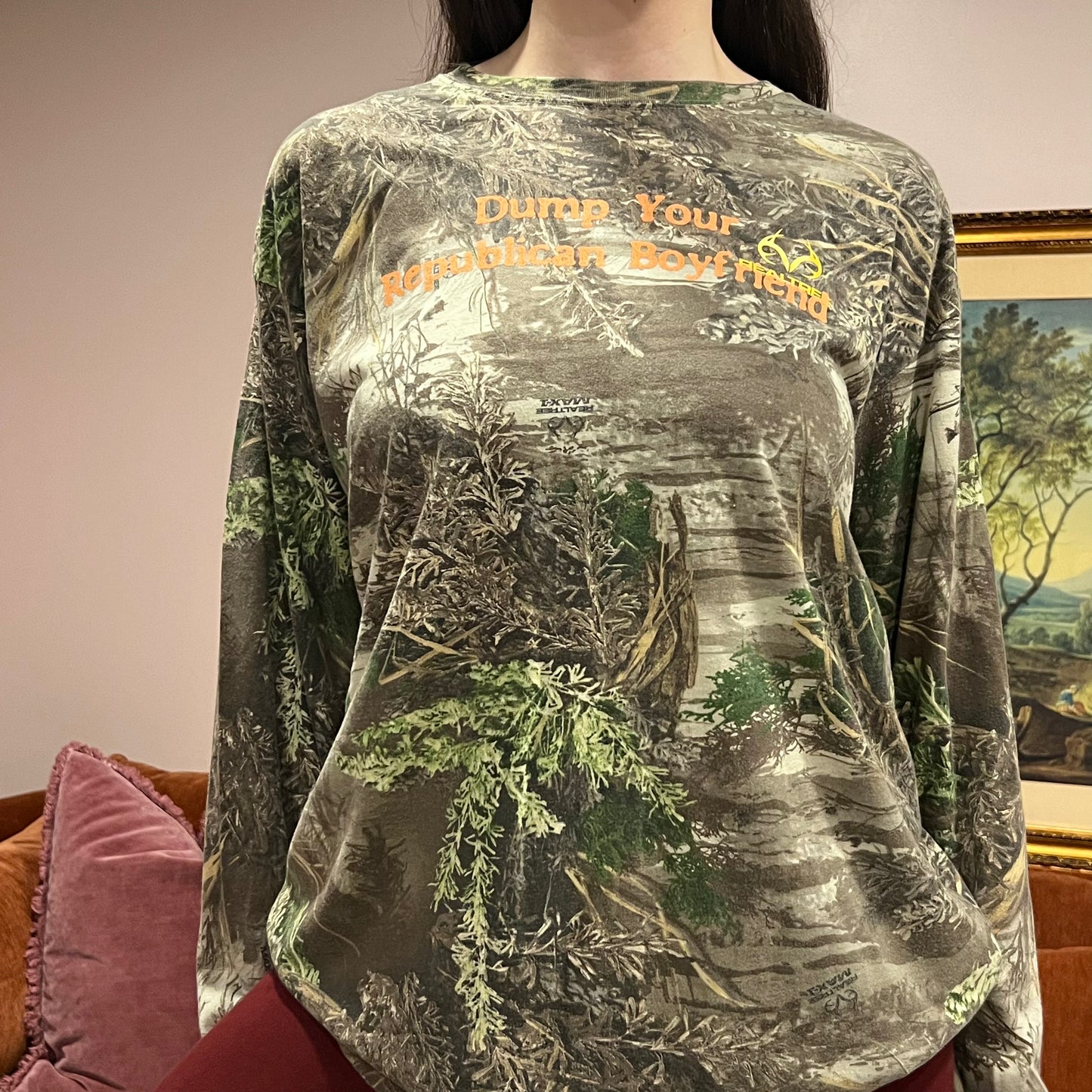 DUMP YOUR REPUBLICAN BOYFRIEND camo long sleeve t-shirt with orange text (XL)