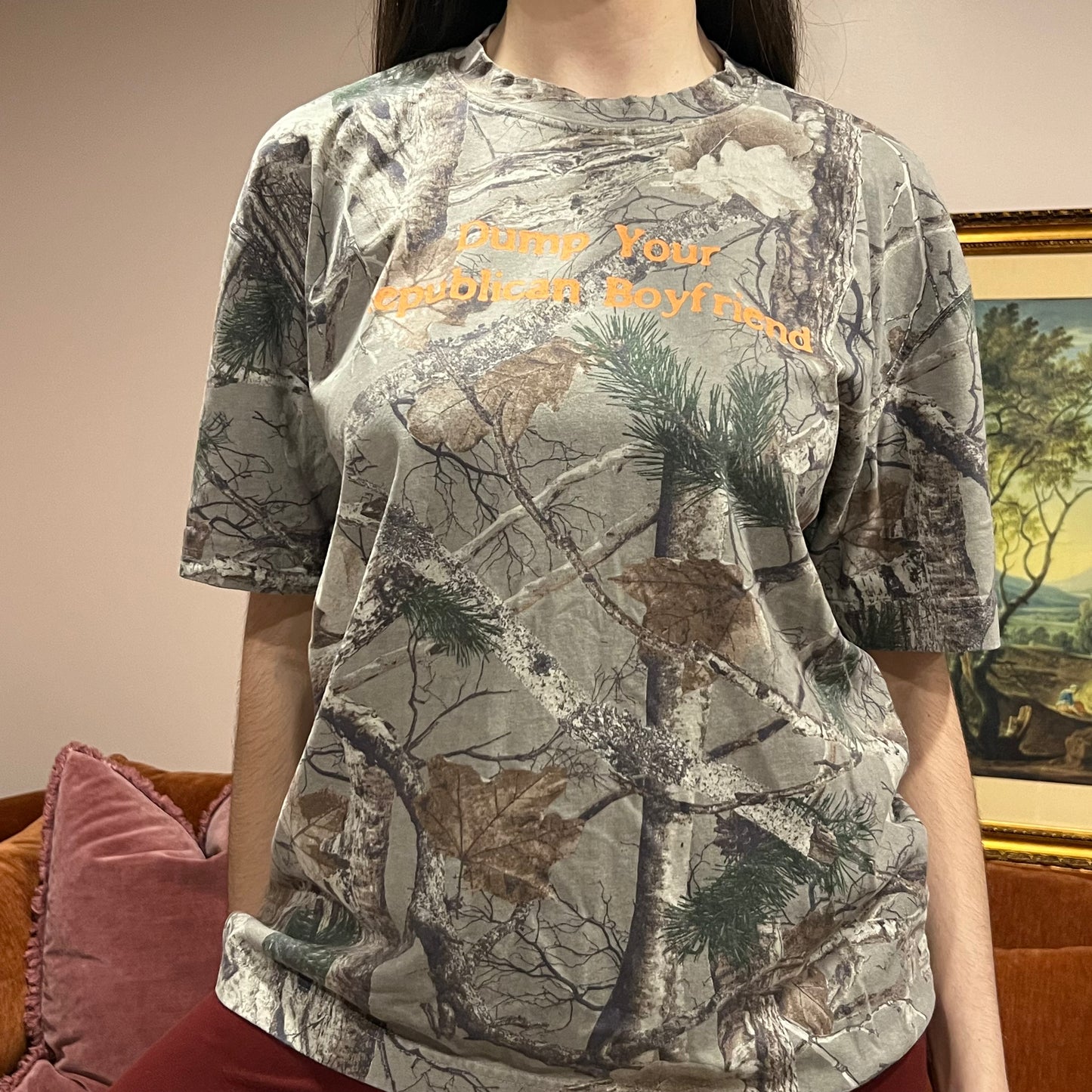 DUMP YOUR REPUBLICAN BOYFRIEND camo t-shirt with orange text (M)
