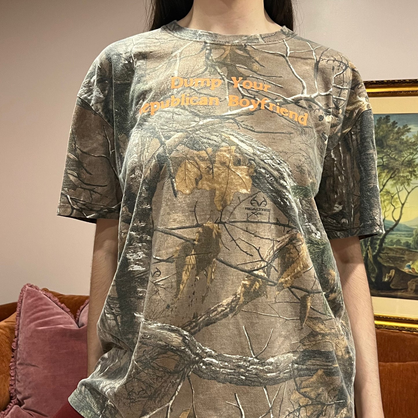 DUMP YOUR REPUBLICAN BOYFRIEND camo t-shirt with orange text (XL)