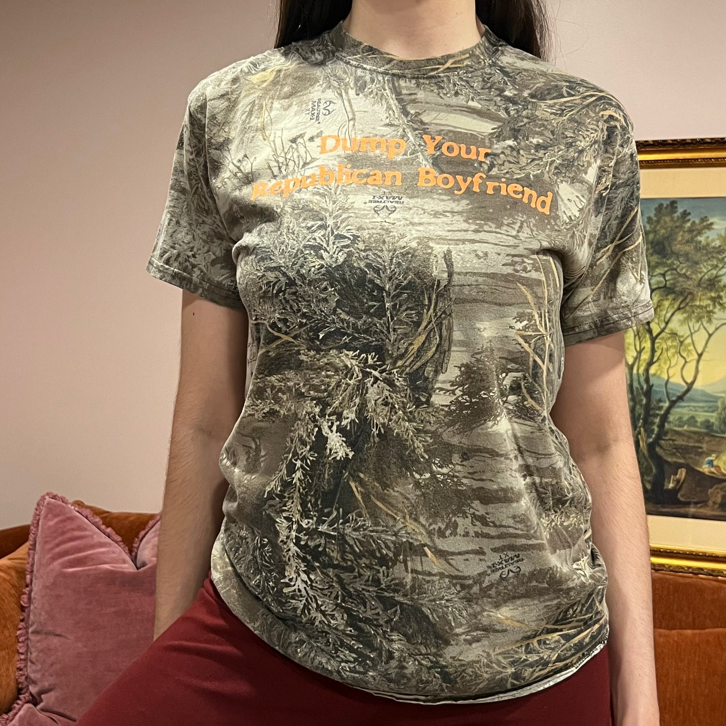 DUMP YOUR REPUBLICAN BOYFRIEND camo t-shirt with orange text (M)