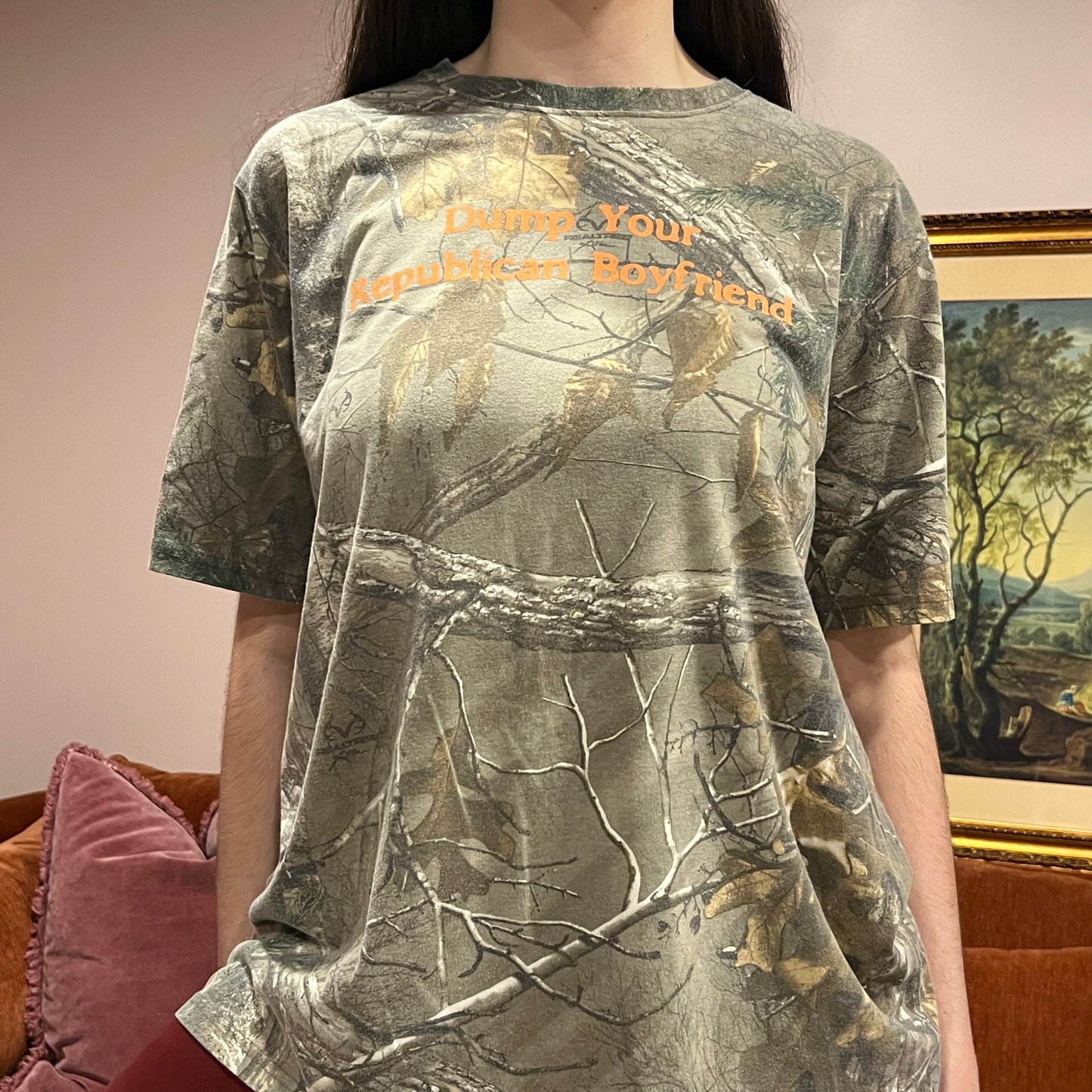 DUMP YOUR REPUBLICAN BOYFRIEND camo t-shirt with orange text (XL)
