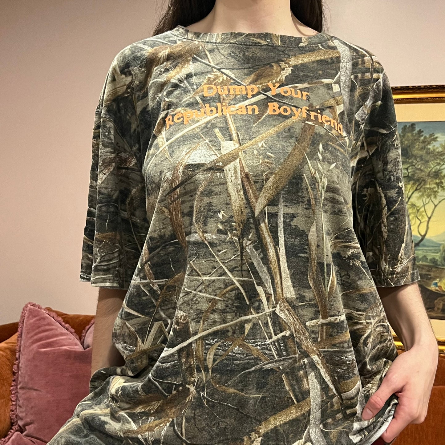 DUMP YOUR REPUBLICAN BOYFRIEND camo t-shirt with orange text (3XL)