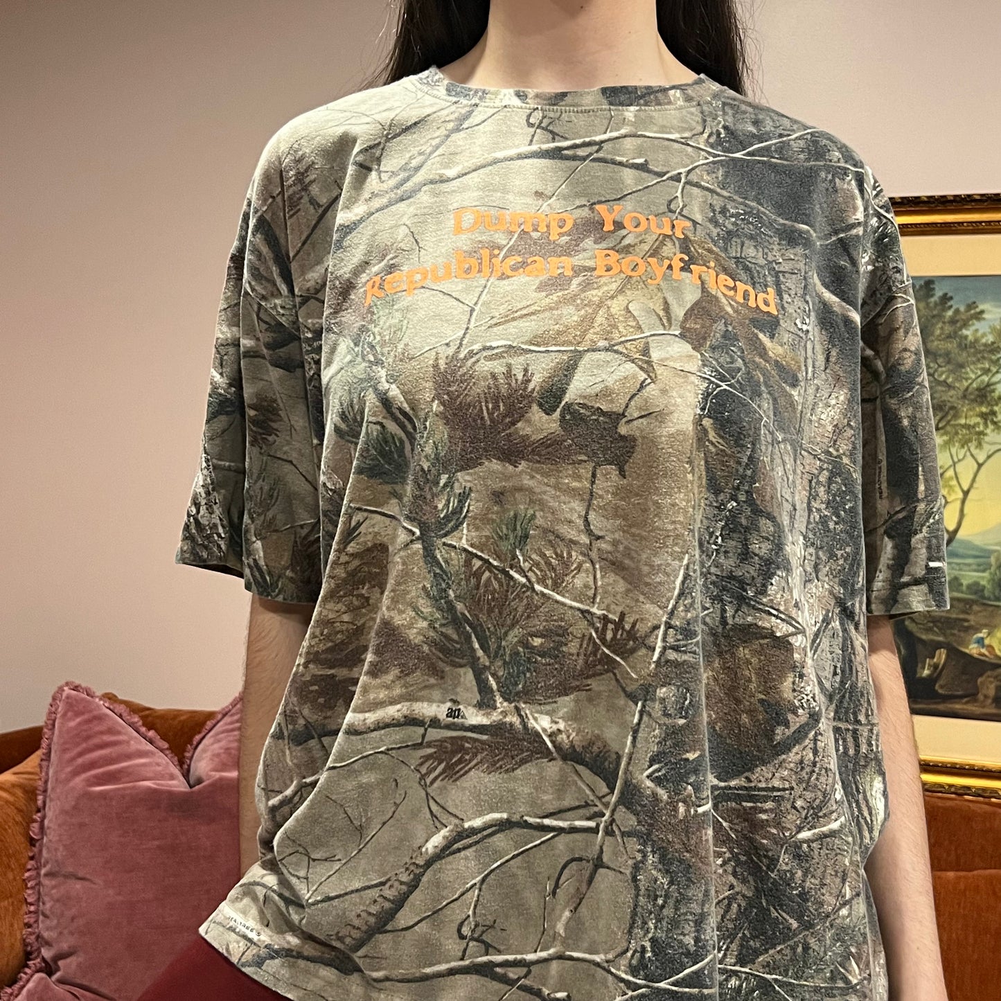 DUMP YOUR REPUBLICAN BOYFRIEND camo t-shirt with orange text (2XL)
