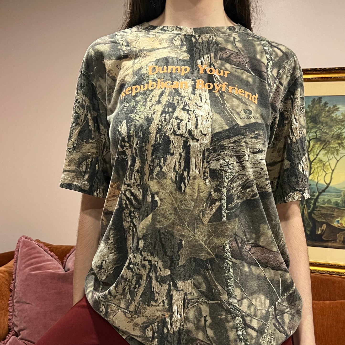 DUMP YOUR REPUBLICAN BOYFRIEND camo t-shirt with orange text (L)