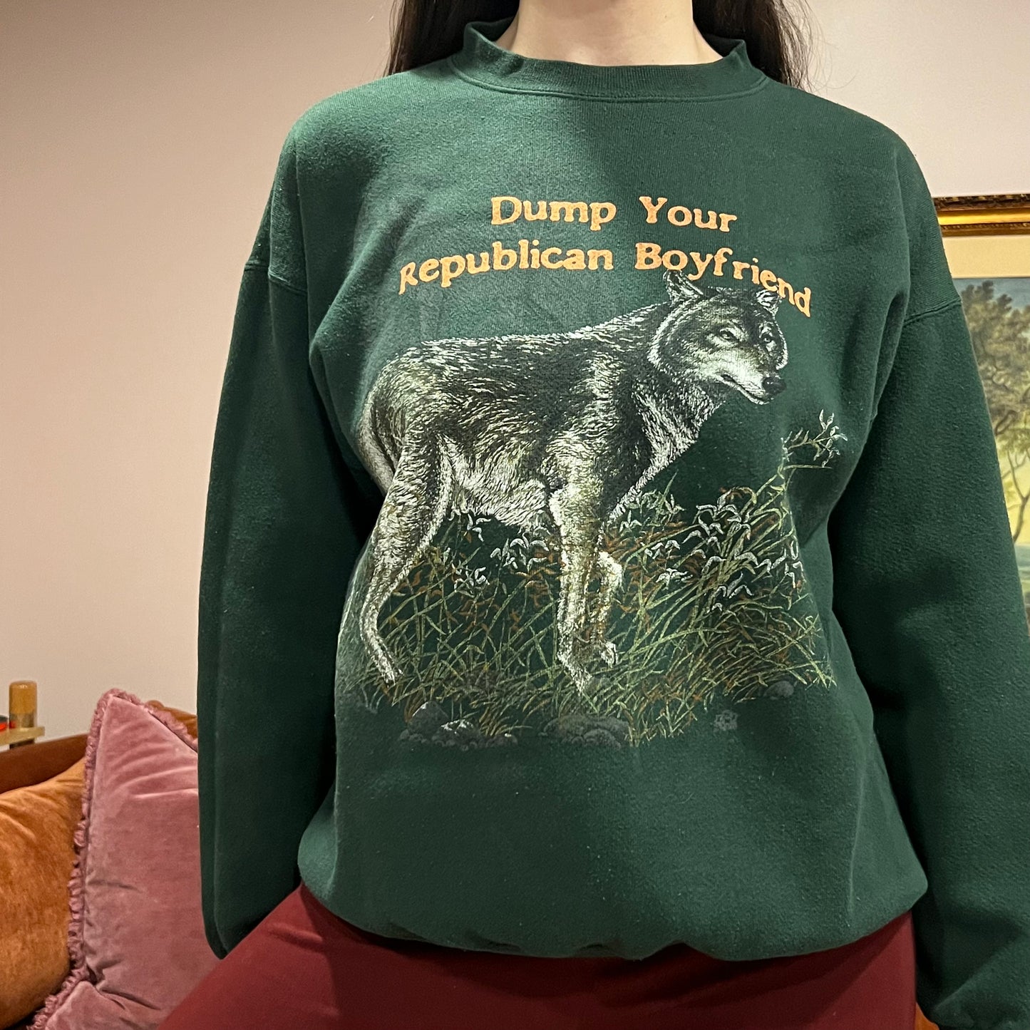 DUMP YOUR REPUBLICAN BOYFRIEND animal crewneck with orange text (L)