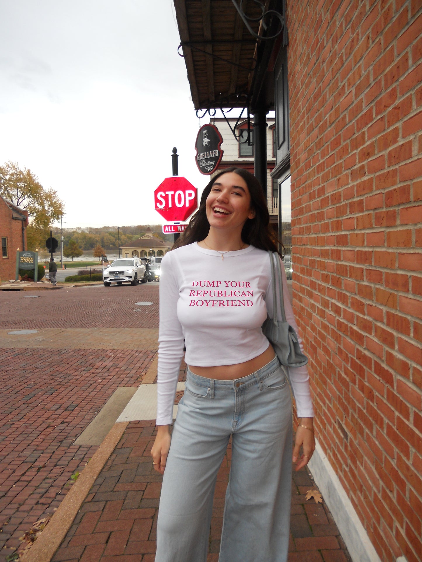 DUMP YOUR REPUBLICAN BOYFRIEND white long-sleeve baby tee