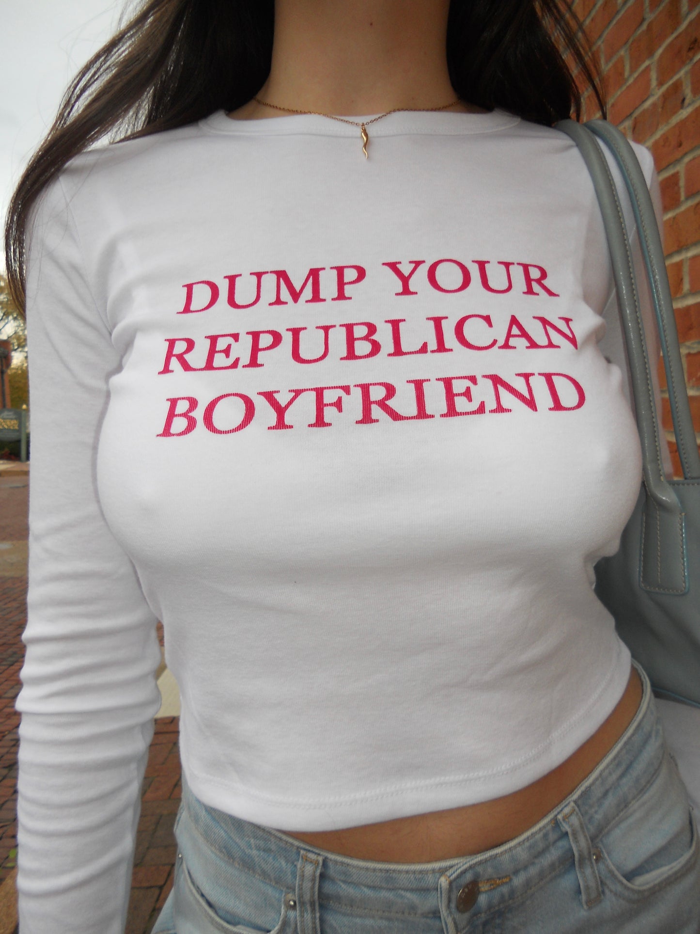 DUMP YOUR REPUBLICAN BOYFRIEND white long-sleeve baby tee