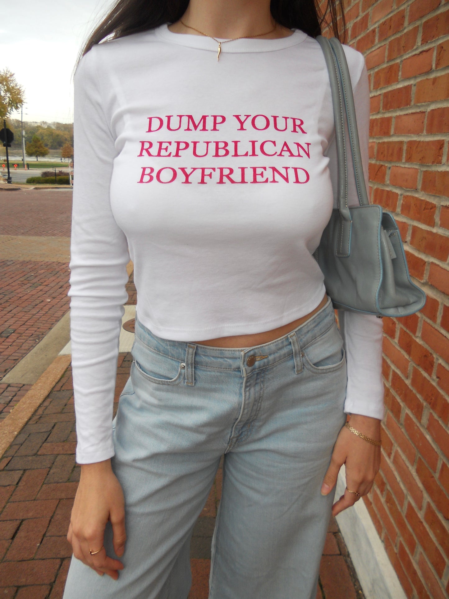 DUMP YOUR REPUBLICAN BOYFRIEND white long-sleeve baby tee