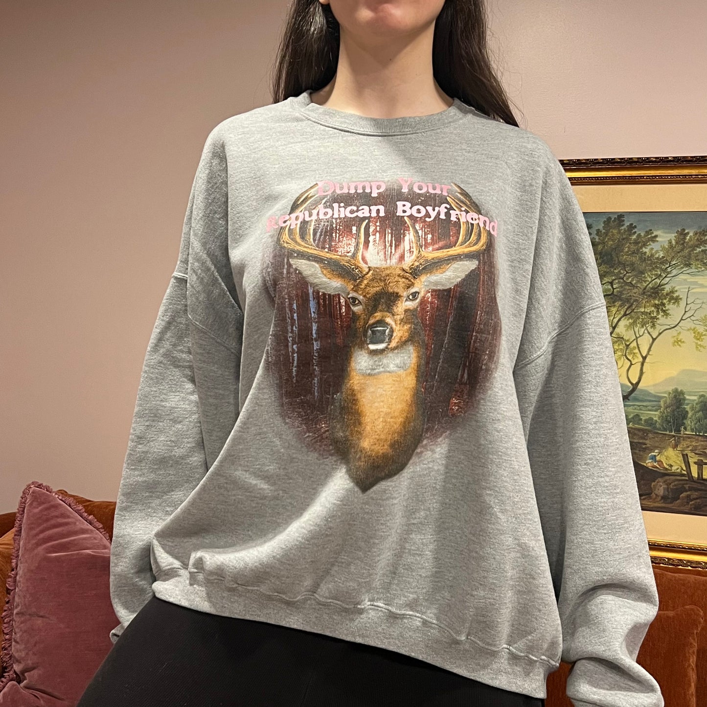 DUMP YOUR REPUBLICAN BOYFRIEND animal crewneck with pink text (3XL)