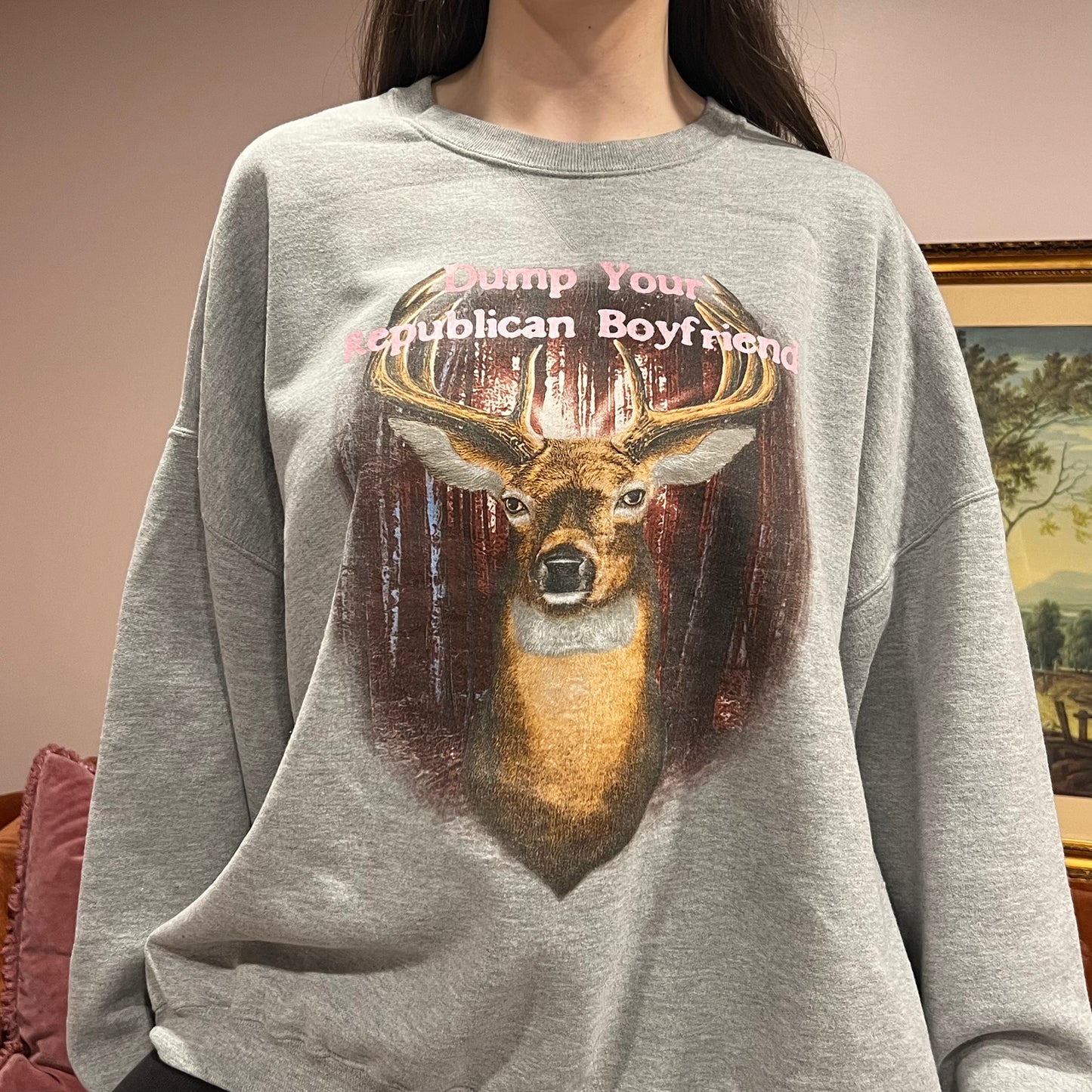 DUMP YOUR REPUBLICAN BOYFRIEND animal crewneck with pink text (3XL)