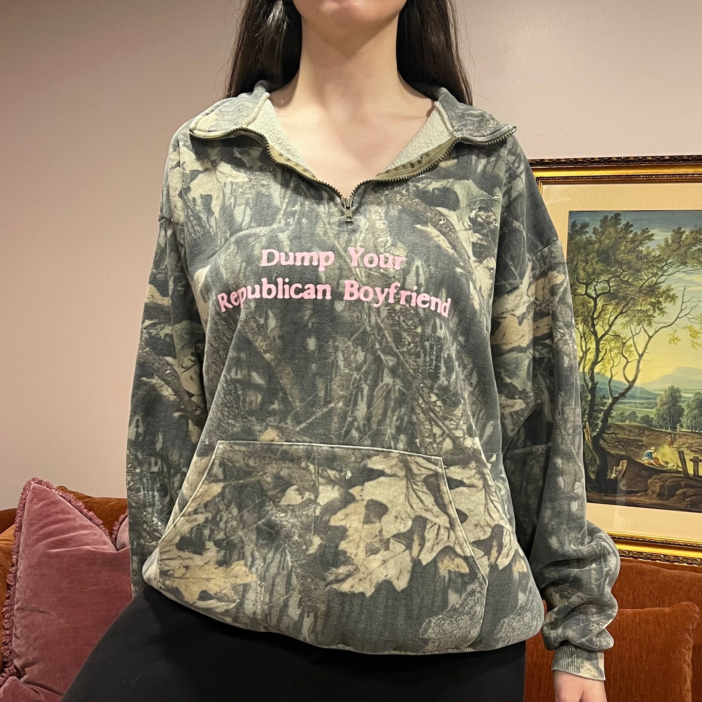 DUMP YOUR REPUBLICAN BOYFRIEND camo zip-up with pink text (2XL)