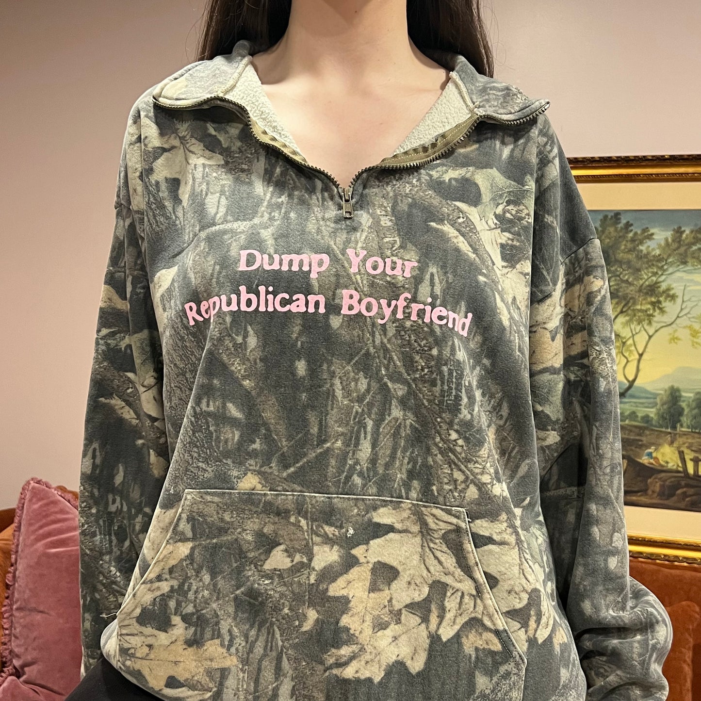 DUMP YOUR REPUBLICAN BOYFRIEND camo zip-up with pink text (2XL)