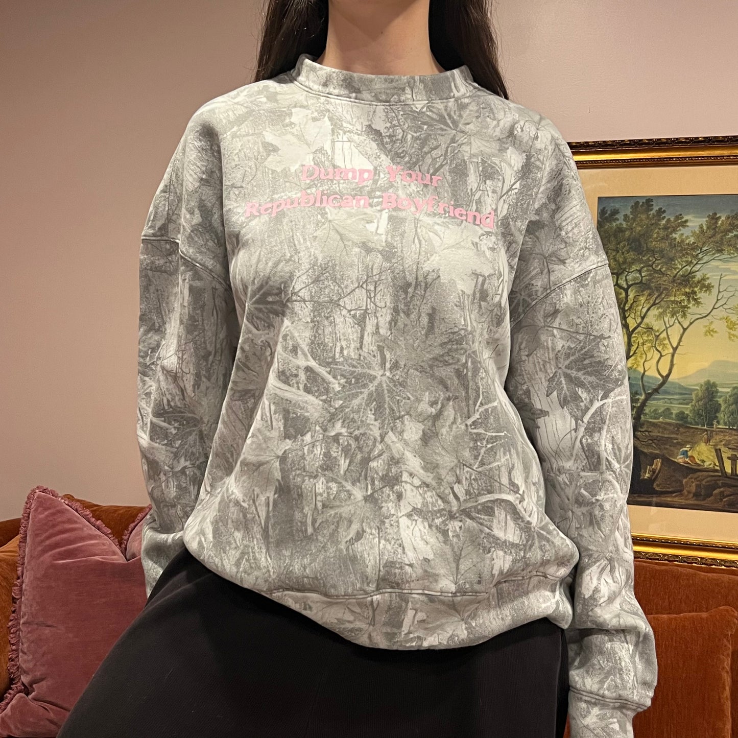 DUMP YOUR REPUBLICAN BOYFRIEND white camo crewneck with pink text (L)