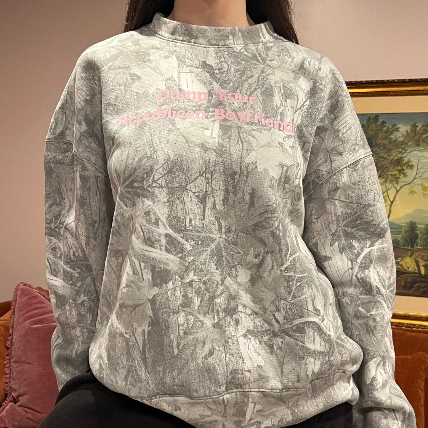 DUMP YOUR REPUBLICAN BOYFRIEND white camo crewneck with pink text (L)