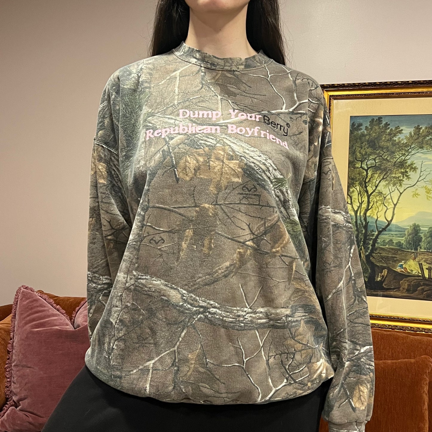 DUMP YOUR REPUBLICAN BOYFRIEND camo crewneck with pink text (2XL)