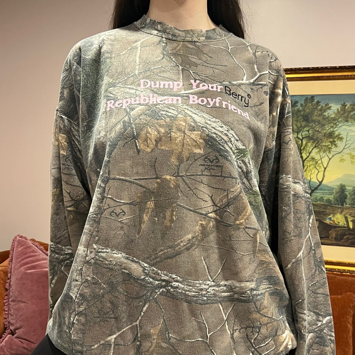DUMP YOUR REPUBLICAN BOYFRIEND camo crewneck with pink text (2XL)